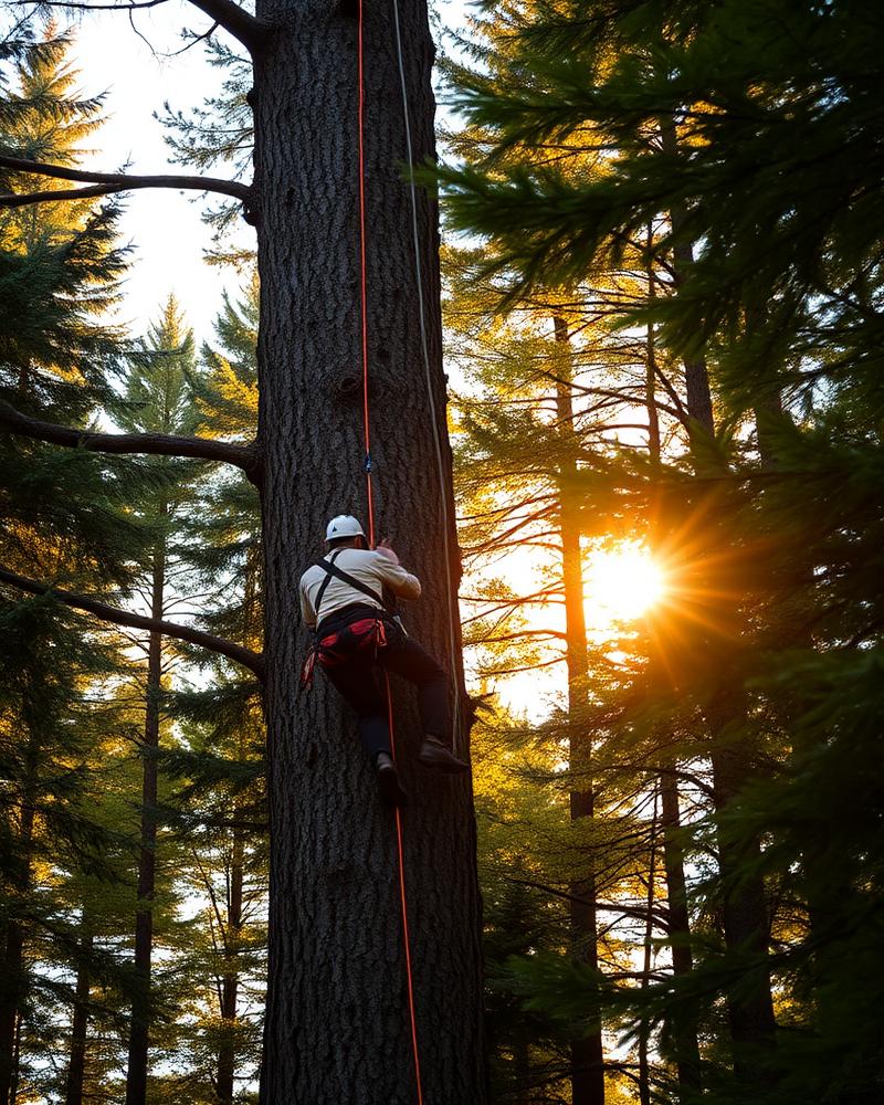 Arborist climbing a tall pine at sunrise