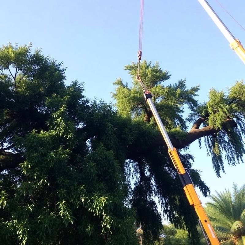 Crane-assisted tree removal in progress