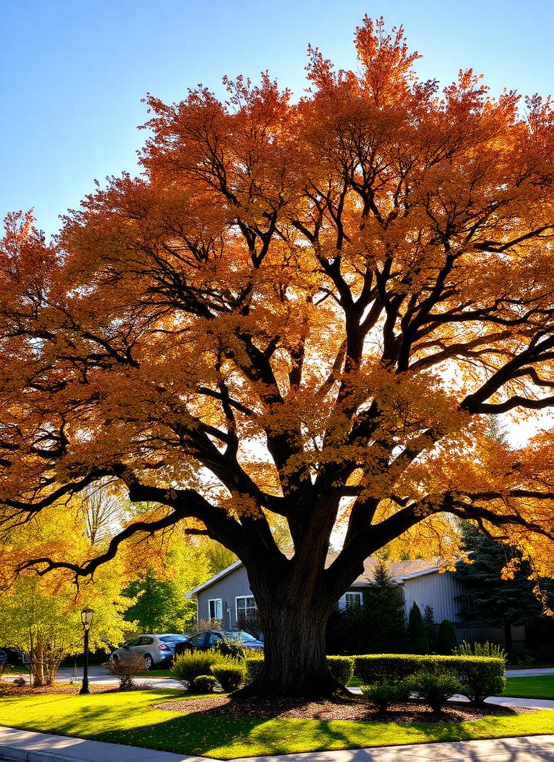 Mature oak tree in full autumn color